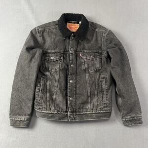 Levi's Jacket Mens Size Small Black Sherpa Lined Faded Denim Trucker Workwear